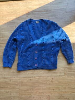 Gerard Works blue vintage chunky knit cardigan sweater purple buttons cable knit